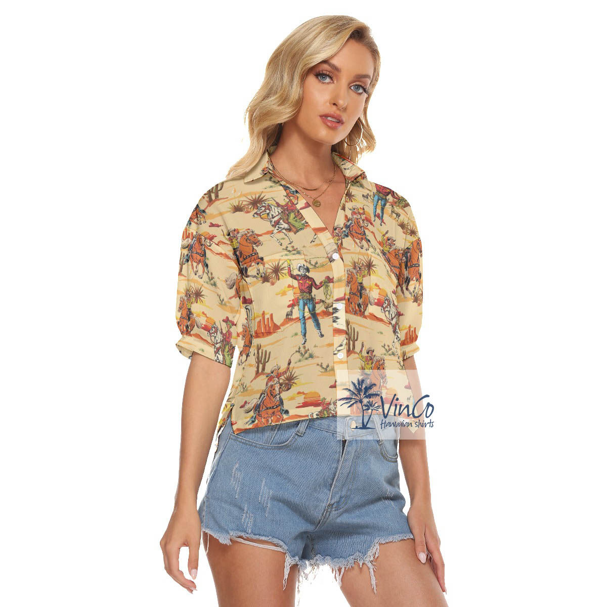 Western Cowboy Aloha Crop Top Shirt For Women