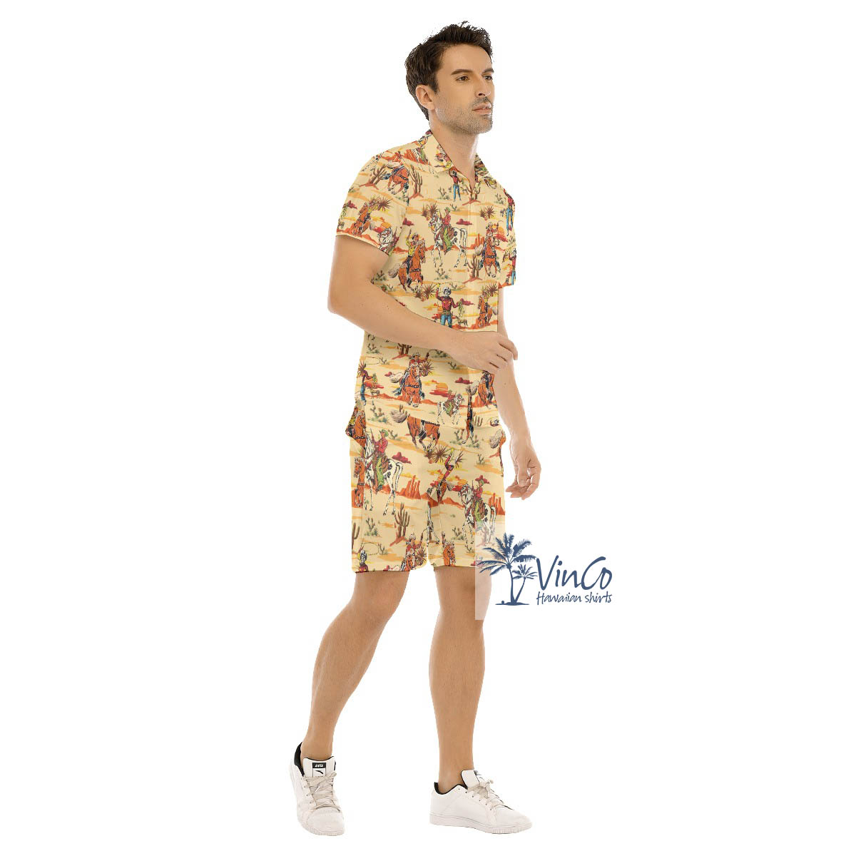 Set Cowboy Yellow Hawaiian Shirt And Matching Shorts For Men