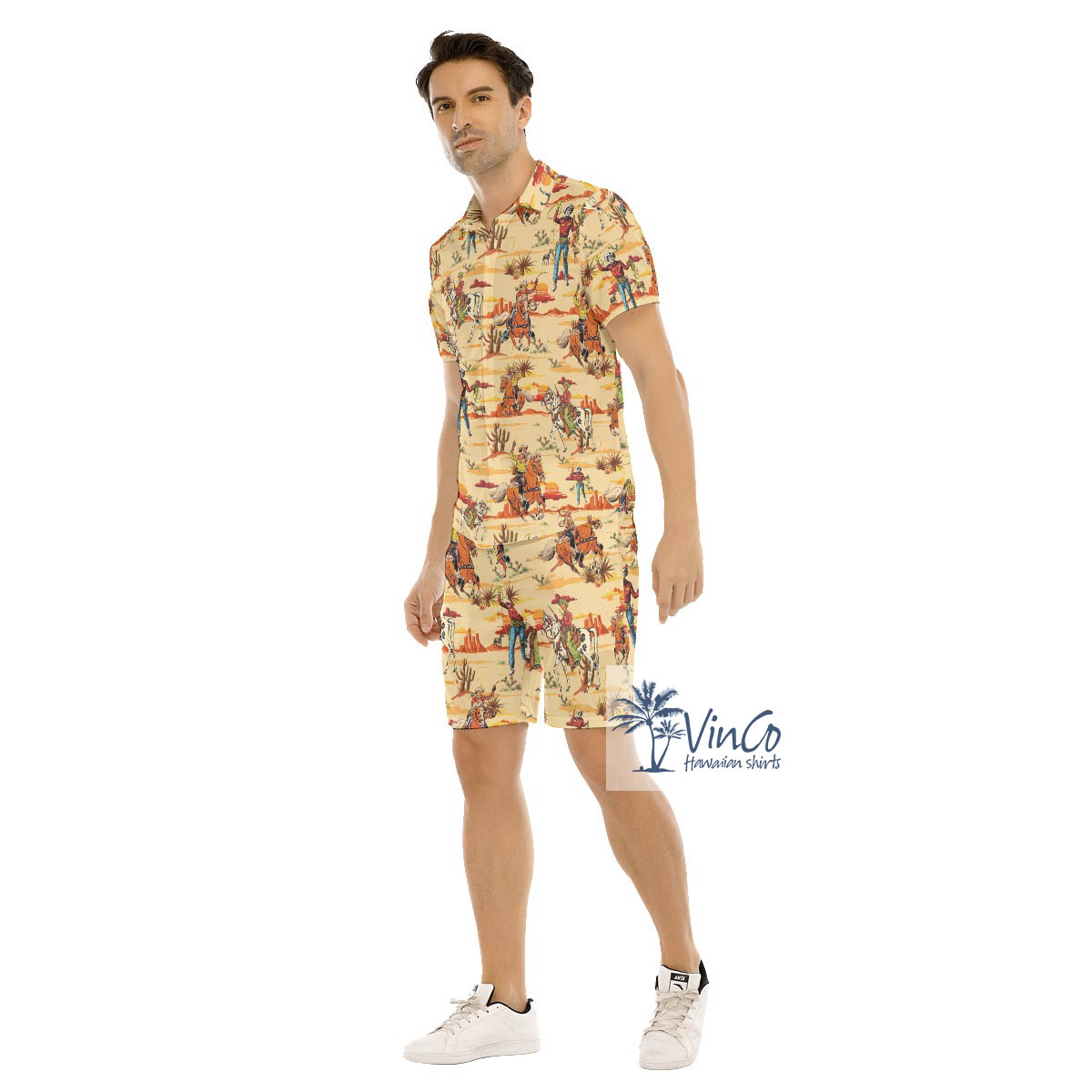 Set Cowboy Yellow Hawaiian Shirt And Matching Shorts For Men