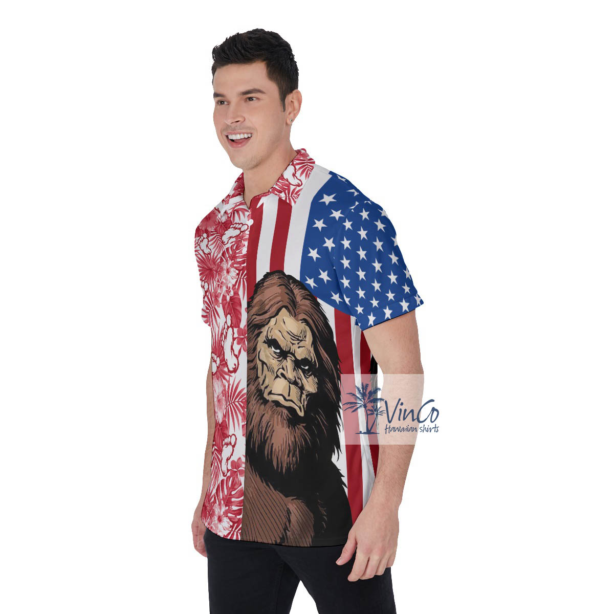 Patriotic Bigfoot American Flag Hawaiian Golf Shirt For Men