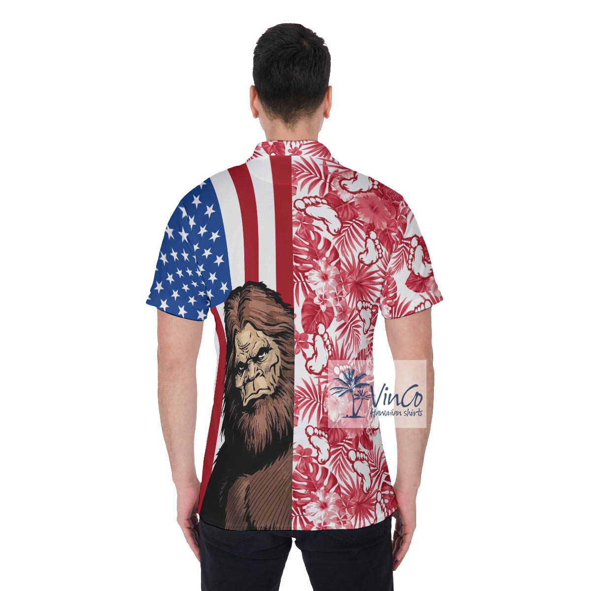 Patriotic Bigfoot American Flag Hawaiian Golf Shirt For Men