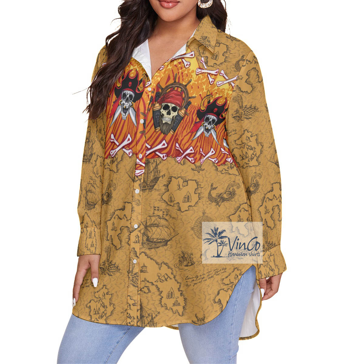 Pirate Skull Vintage Plus Size Hawaiian Shirt For Women
