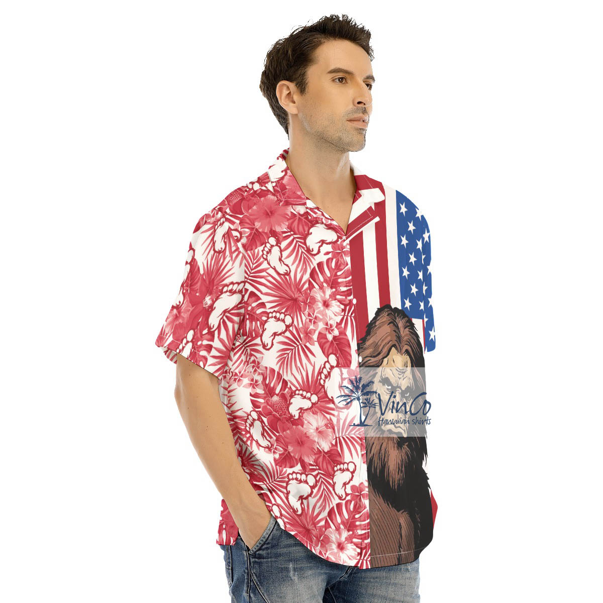 4th Of July Bigfoot Hawaiian Button Up Shirt For Men