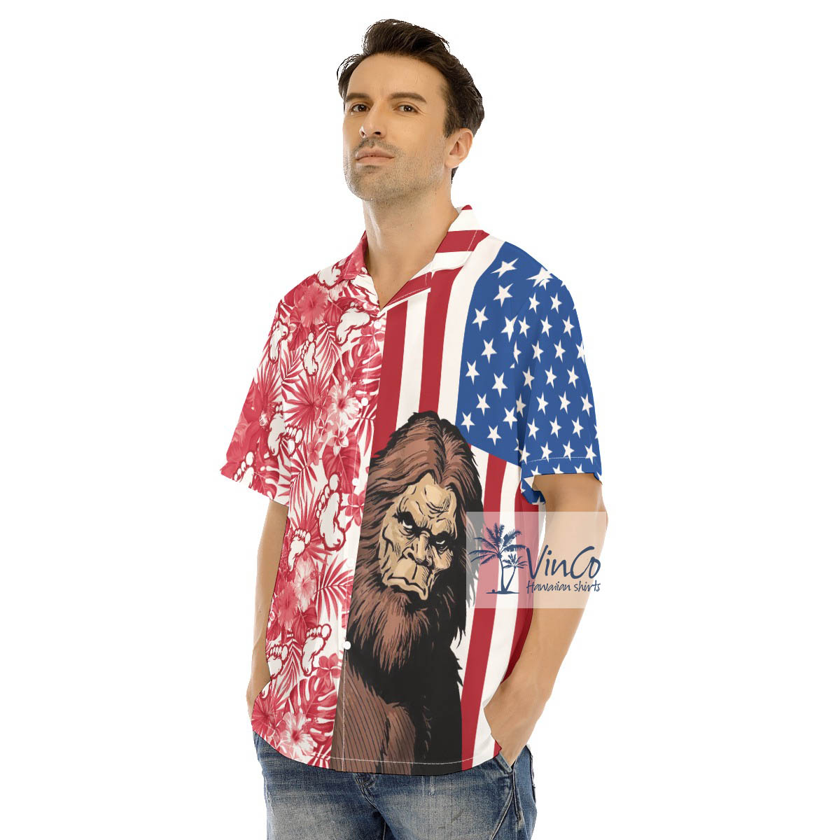 4th Of July Bigfoot Hawaiian Button Up Shirt For Men