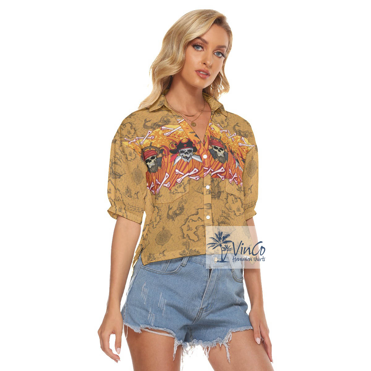 Funny Skull Pirate Hawaiian Crop Top Shirt For Women