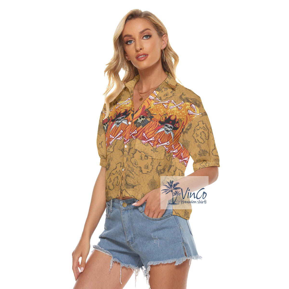 Funny Skull Pirate Hawaiian Crop Top Shirt For Women