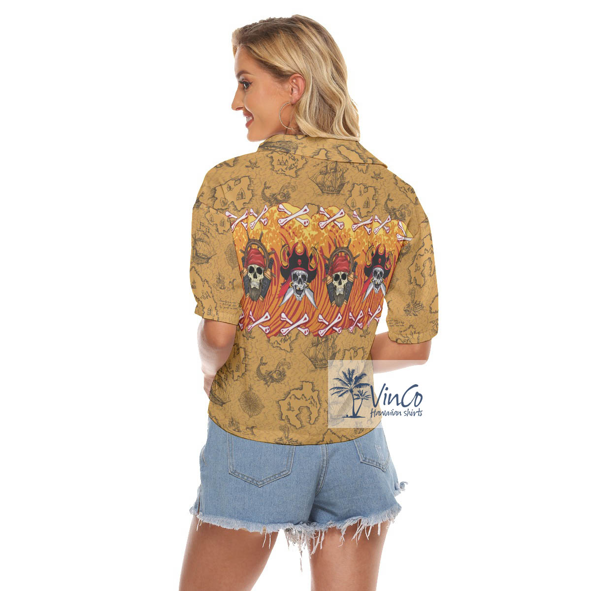 Funny Skull Pirate Hawaiian Crop Top Shirt For Women