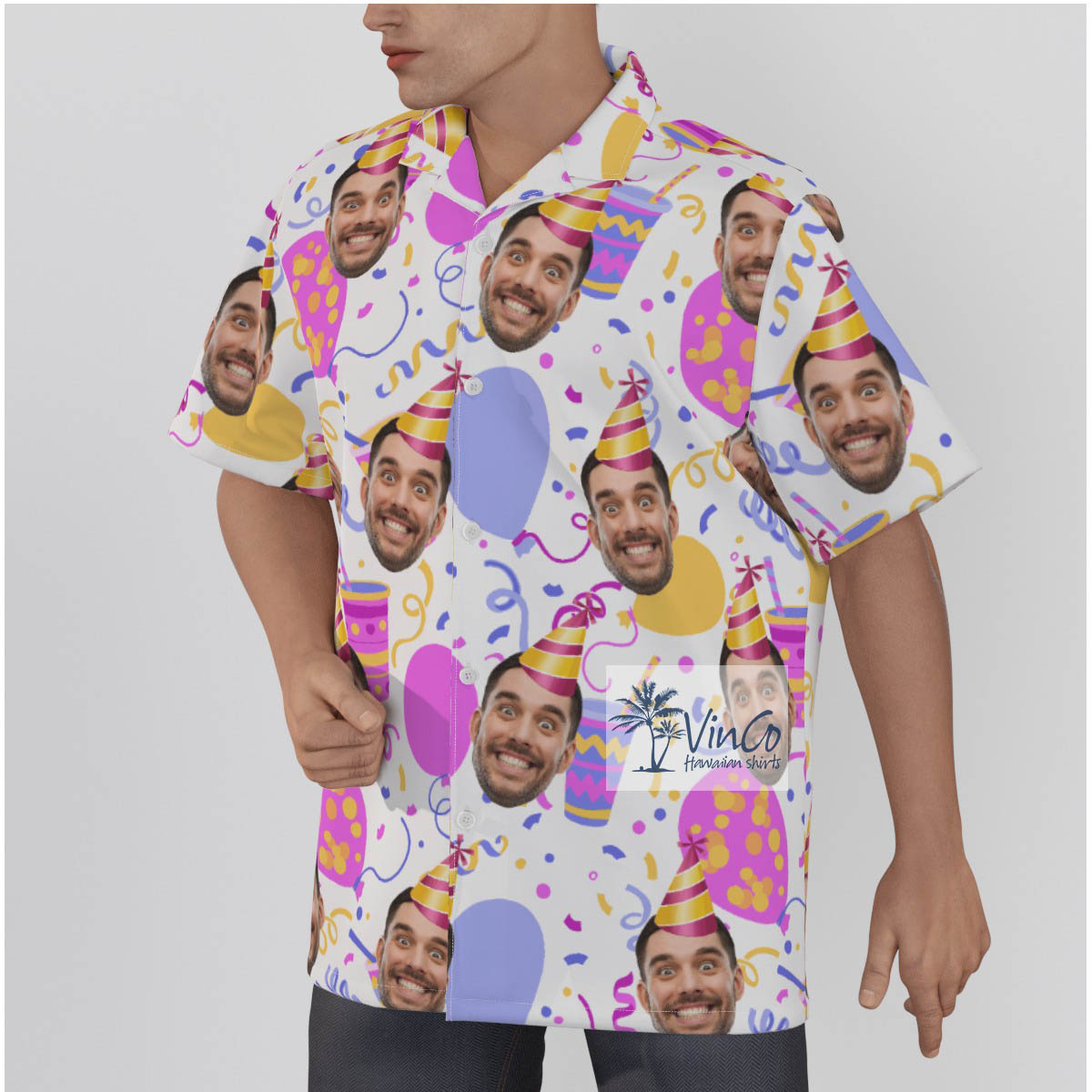 Custom Birthday Party Personalized Face Men's Hawaiian Button Up Shirt