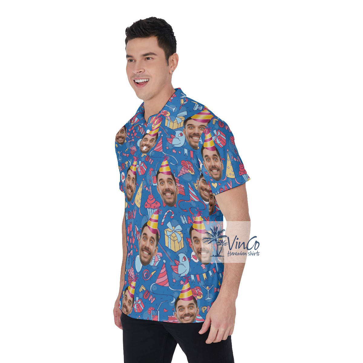 Blue Personalized Birthday Faces Hawaiian Polo Shirt For Men