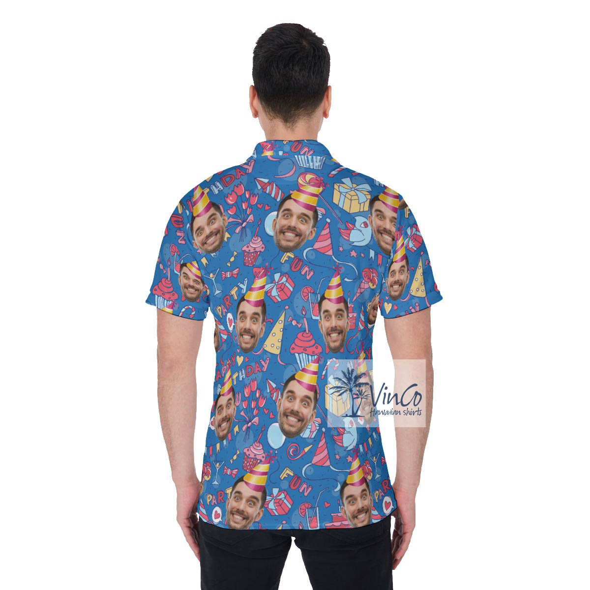 Blue Personalized Birthday Faces Hawaiian Polo Shirt For Men