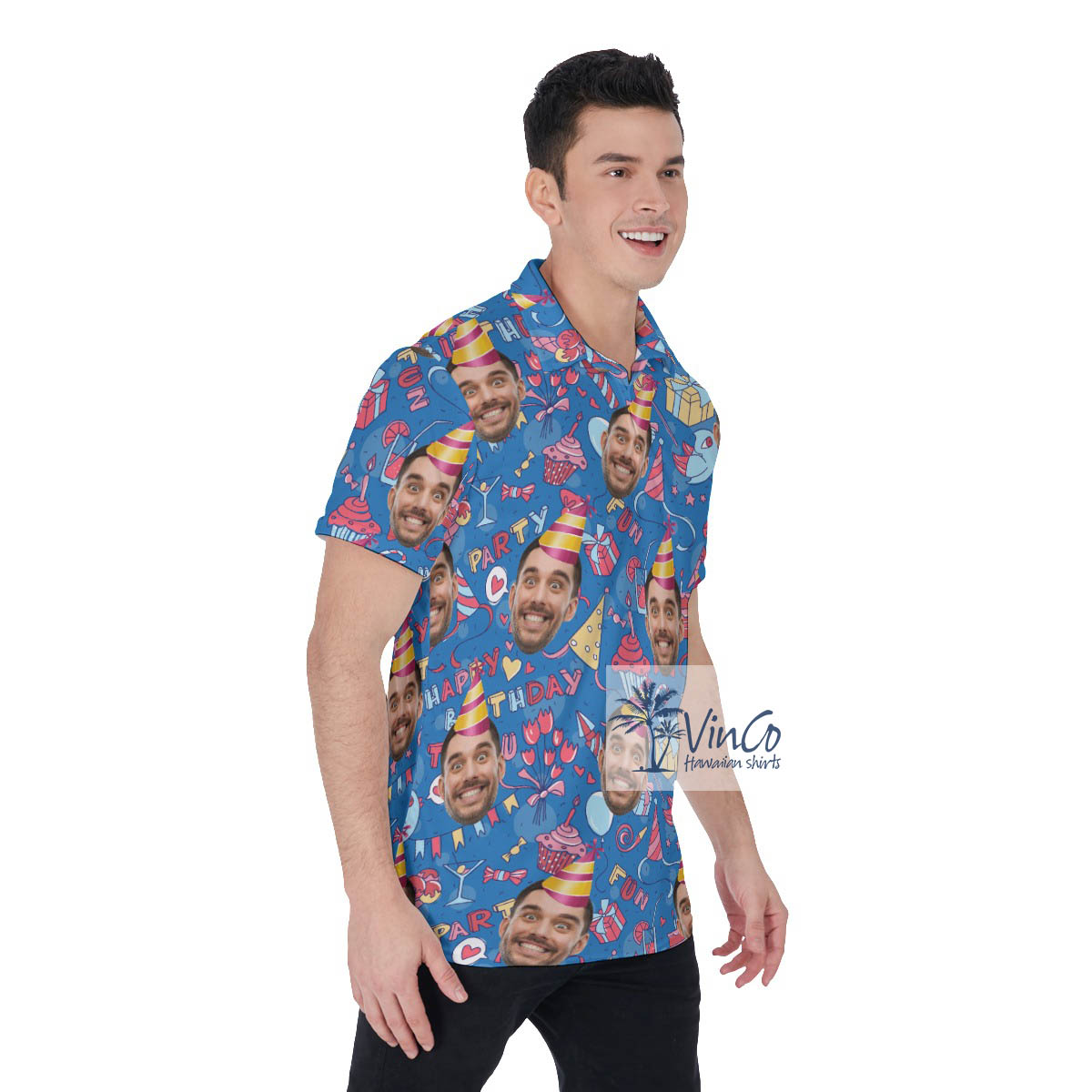 Blue Personalized Birthday Faces Hawaiian Polo Shirt For Men