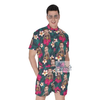 Tropical Custom Barry Wood Face Hawaiian Romper For Men