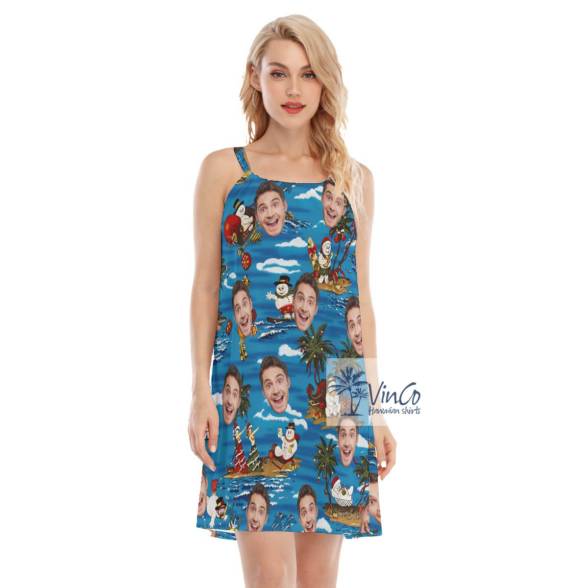 Christmas Snowman Tropical Hawaiian Dress With Custom Face - variant image 1
