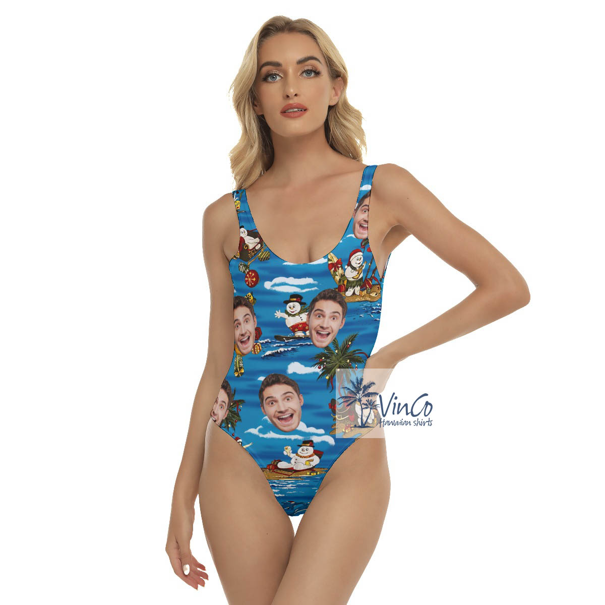 Funny Custom Face Christmas Snowman Tropical Hawaiian Swimsuit For Women - variant image 1