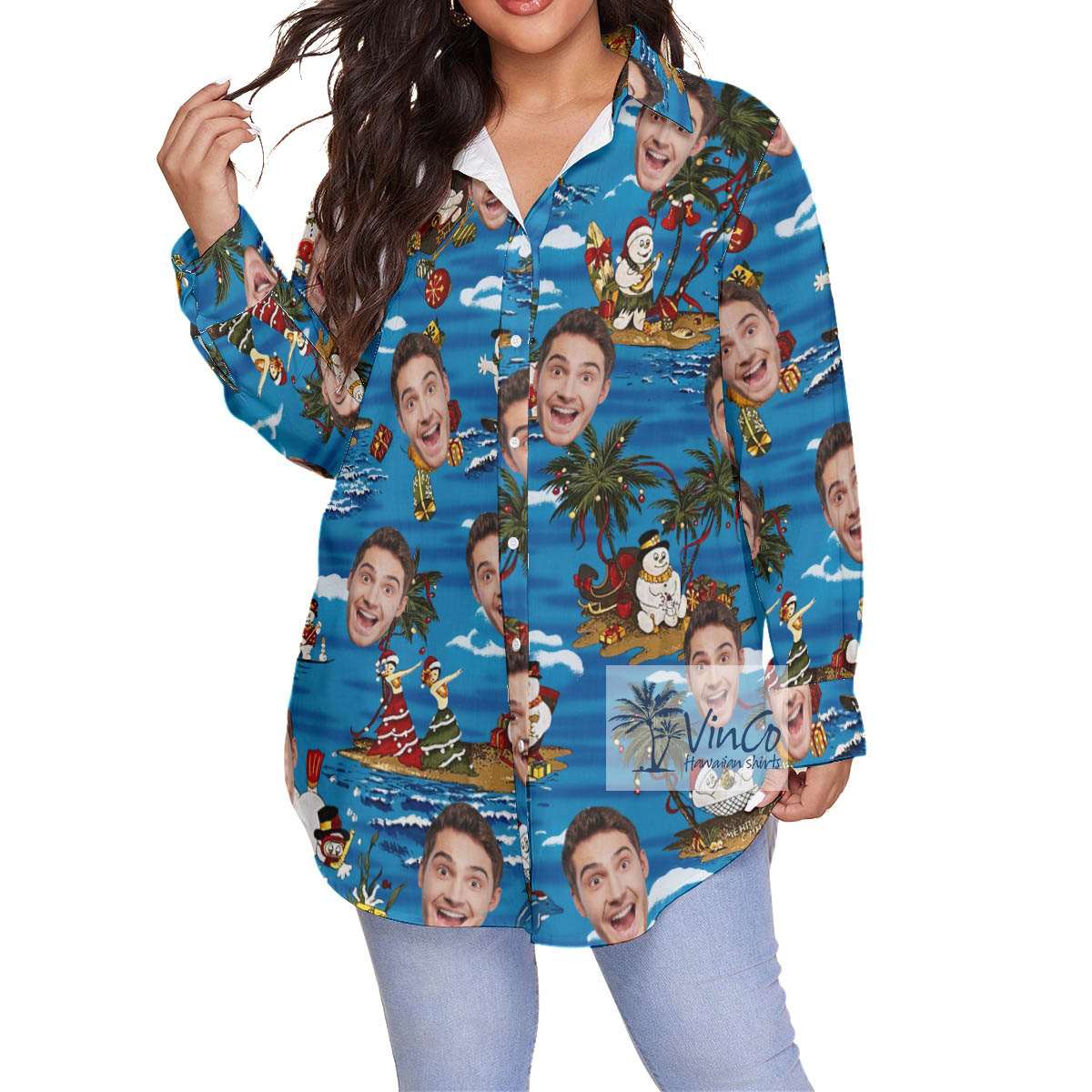 Funny Custom Face Tropical Snowman Christmas Hawaiian Plus Size Shirt For Women - variant image 1