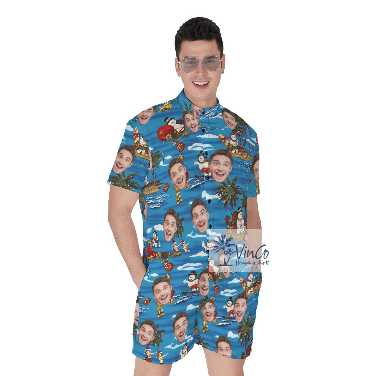 Funny Christmas Snowman Tropical Men's Hawaiian Romper With Custom Face - variant image 1