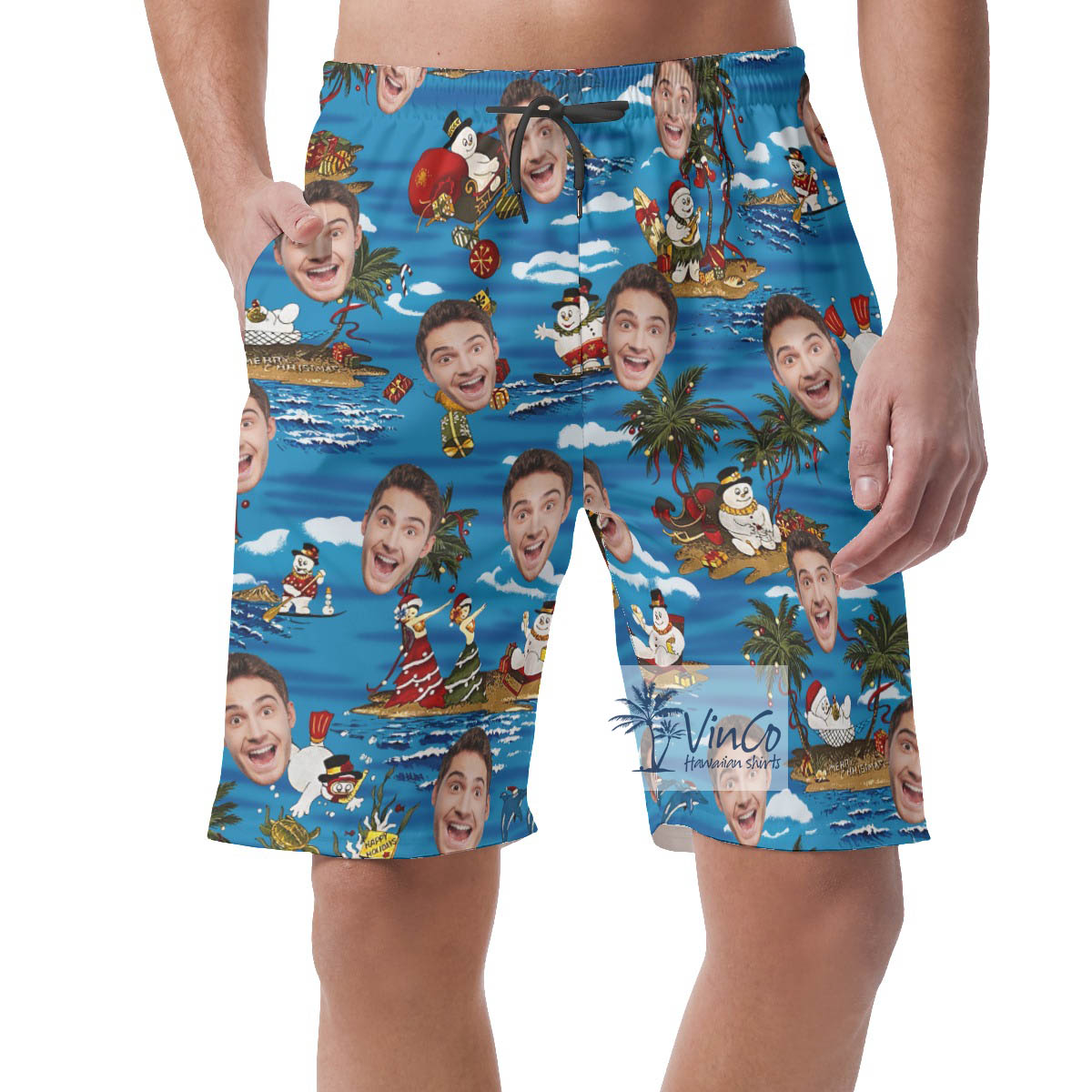 Custom Face Christmas Snowman Hawaiian Beach Shorts For Men - variant image 1