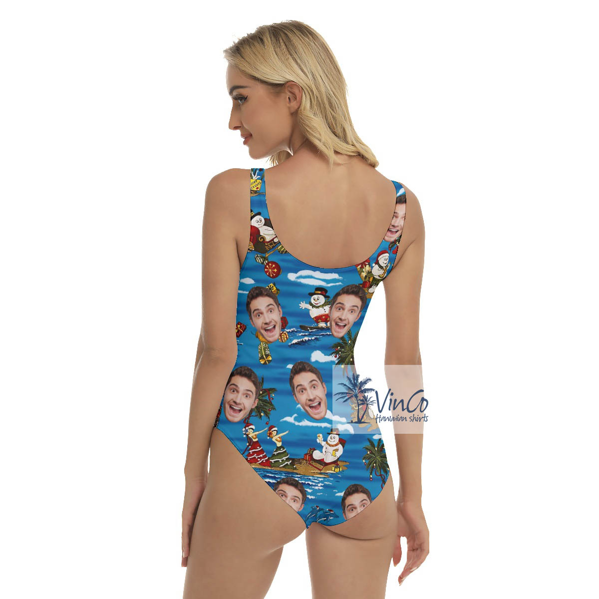 Funny Custom Face Christmas Snowman Tropical Hawaiian Swimsuit For Women