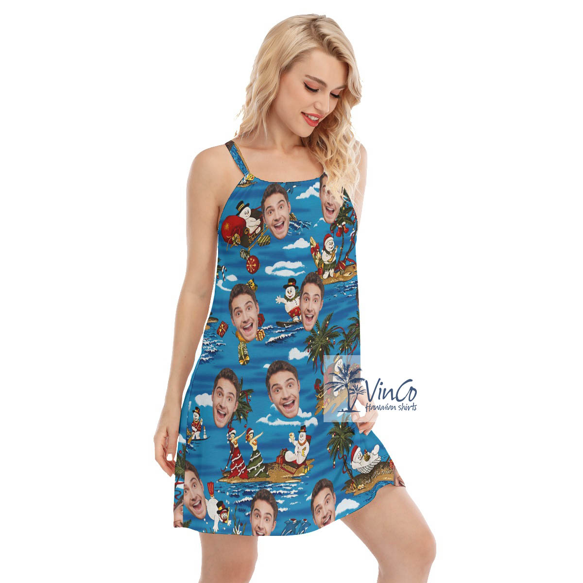 Christmas Snowman Tropical Hawaiian Dress With Custom Face