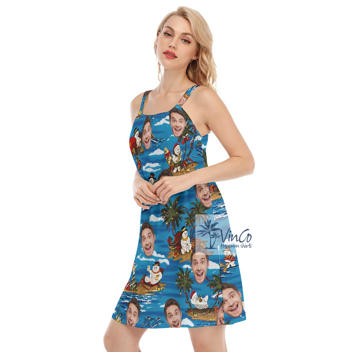 Christmas Snowman Tropical Hawaiian Dress With Custom Face