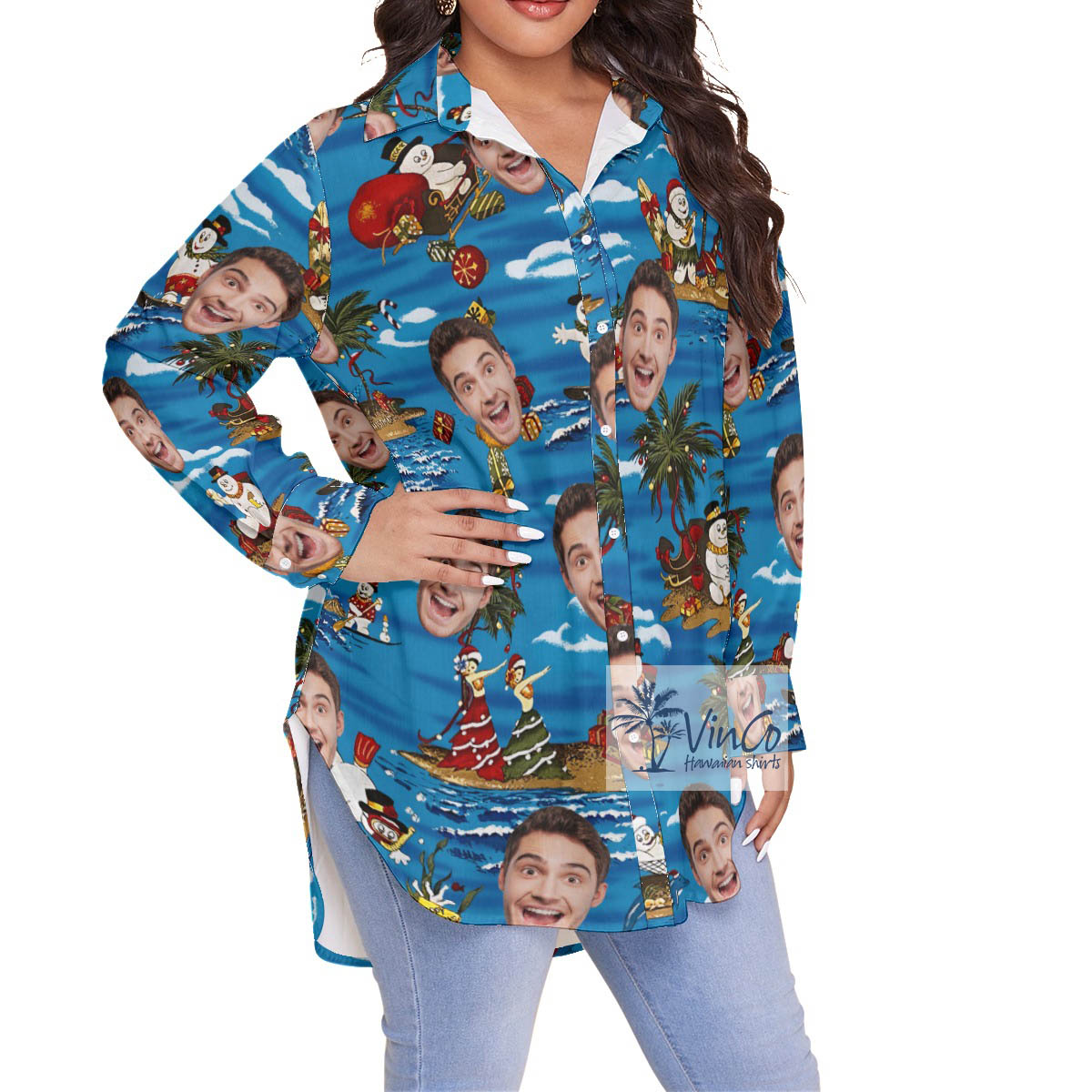 Funny Custom Face Tropical Snowman Christmas Hawaiian Plus Size Shirt For Women