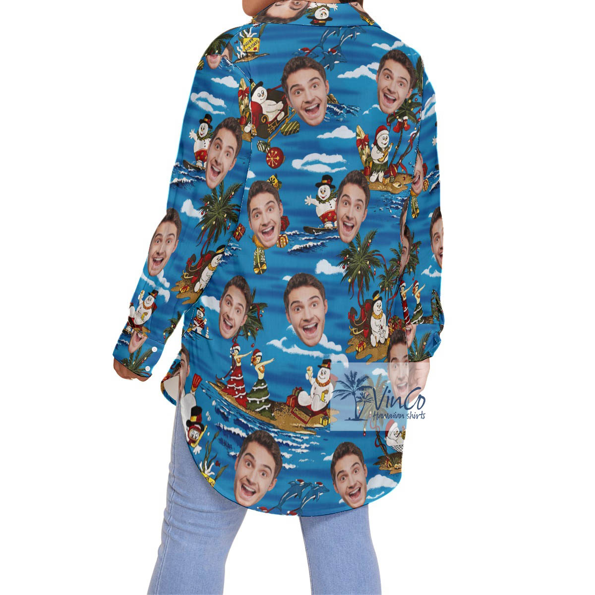 Funny Custom Face Tropical Snowman Christmas Hawaiian Plus Size Shirt For Women