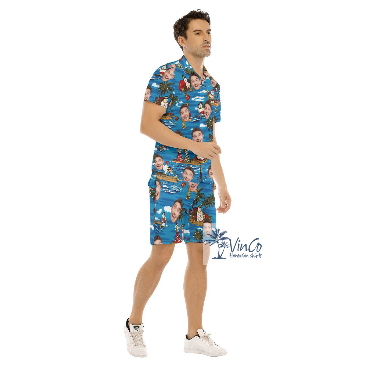 Funny Custom Face Christmas Snowman Hawaiian Shirt And Matching Shorts For Men