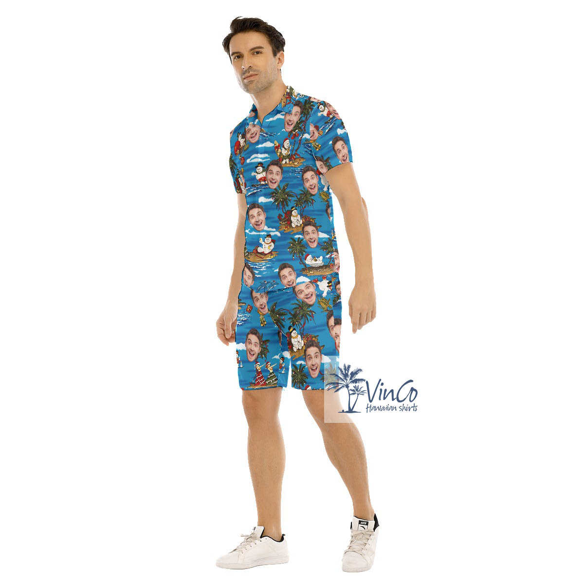 Funny Custom Face Christmas Snowman Hawaiian Shirt And Matching Shorts For Men