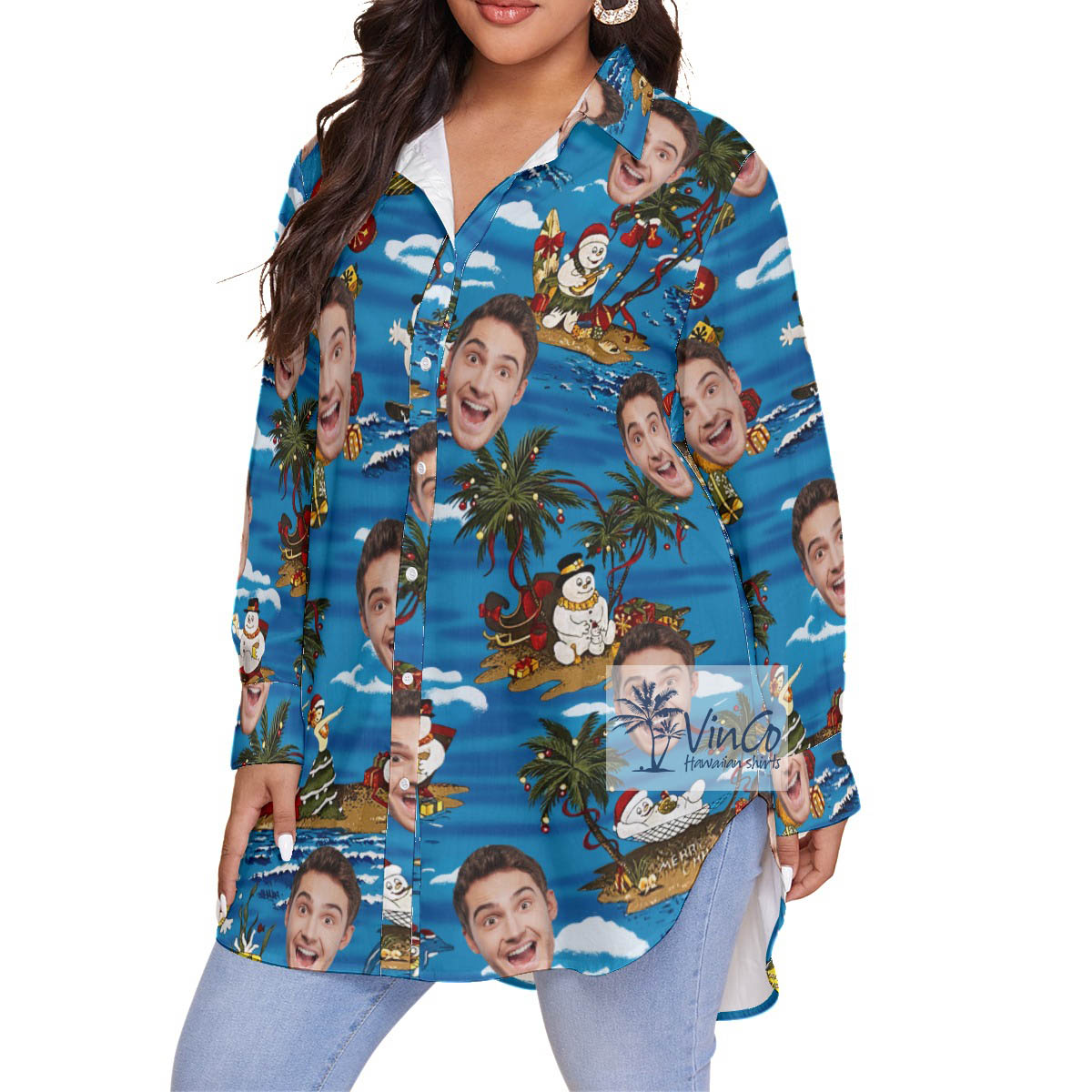 Funny Custom Face Tropical Snowman Christmas Hawaiian Plus Size Shirt For Women