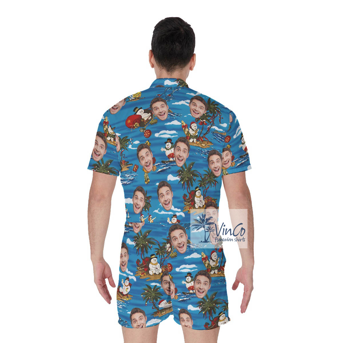 Funny Christmas Snowman Tropical Men's Hawaiian Romper With Custom Face