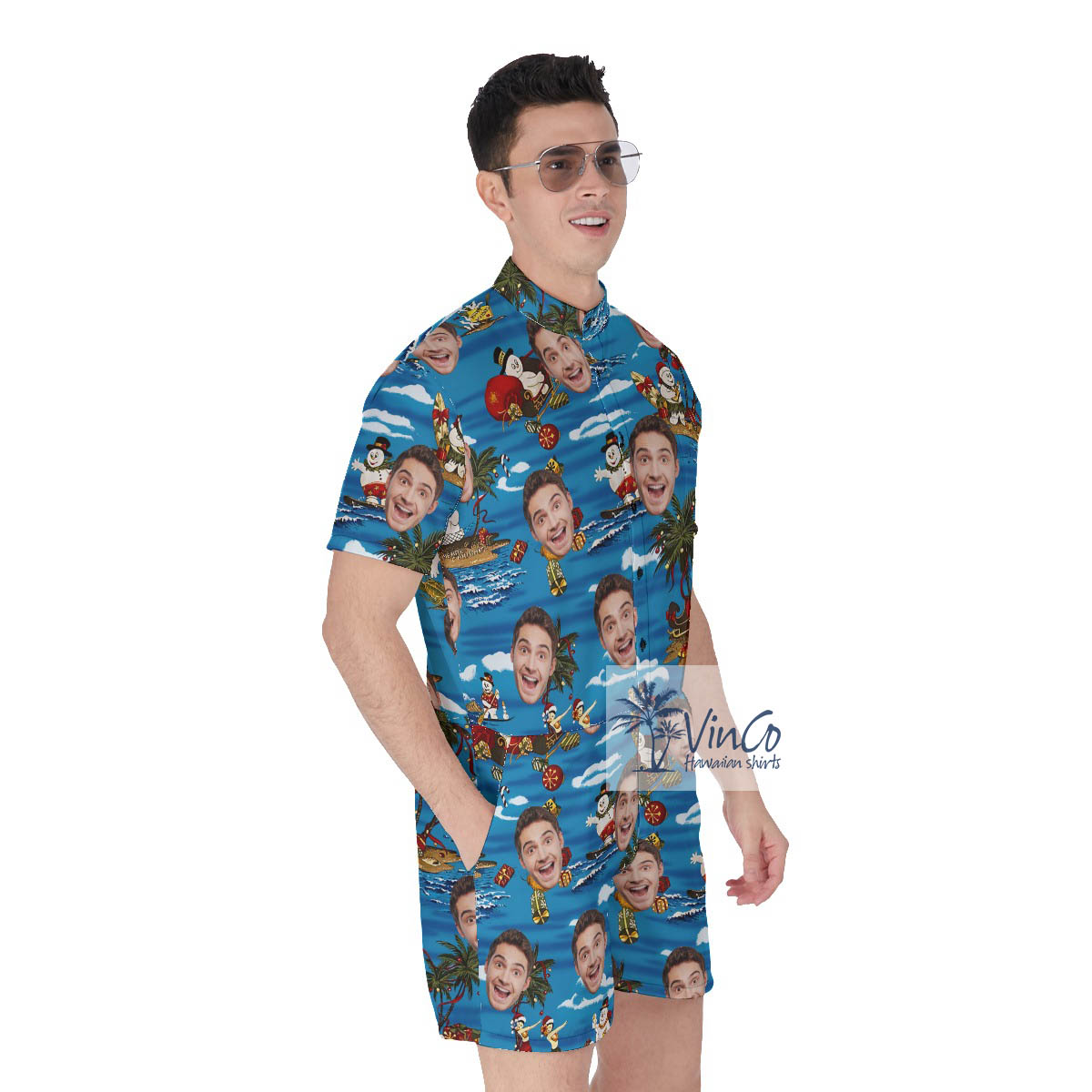 Funny Christmas Snowman Tropical Men's Hawaiian Romper With Custom Face