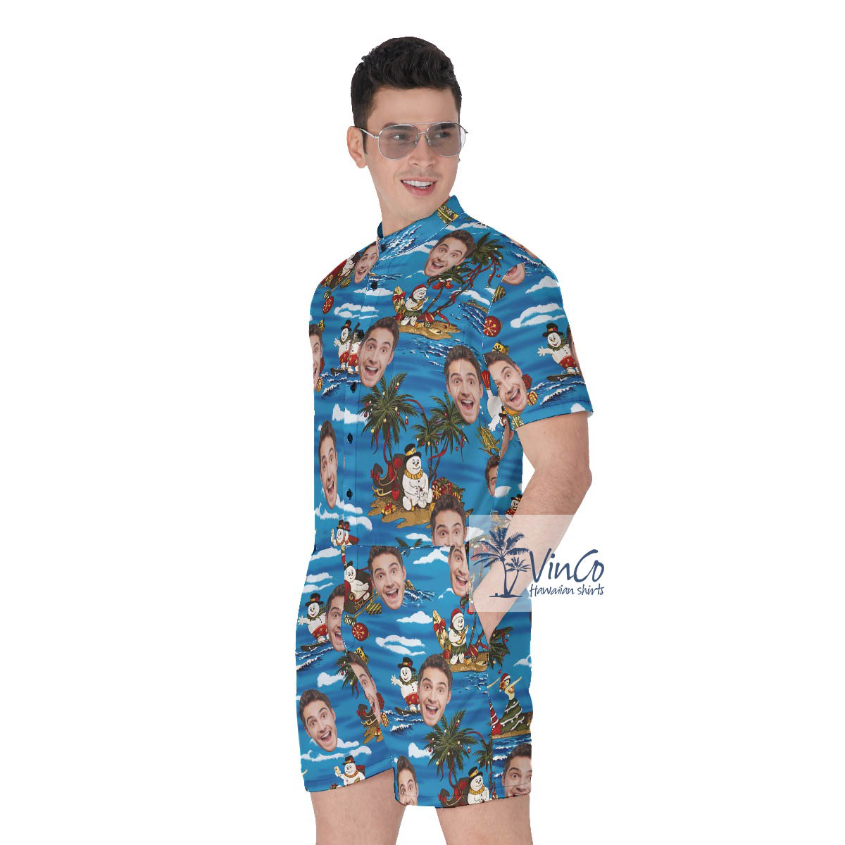 Funny Christmas Snowman Tropical Men's Hawaiian Romper With Custom Face