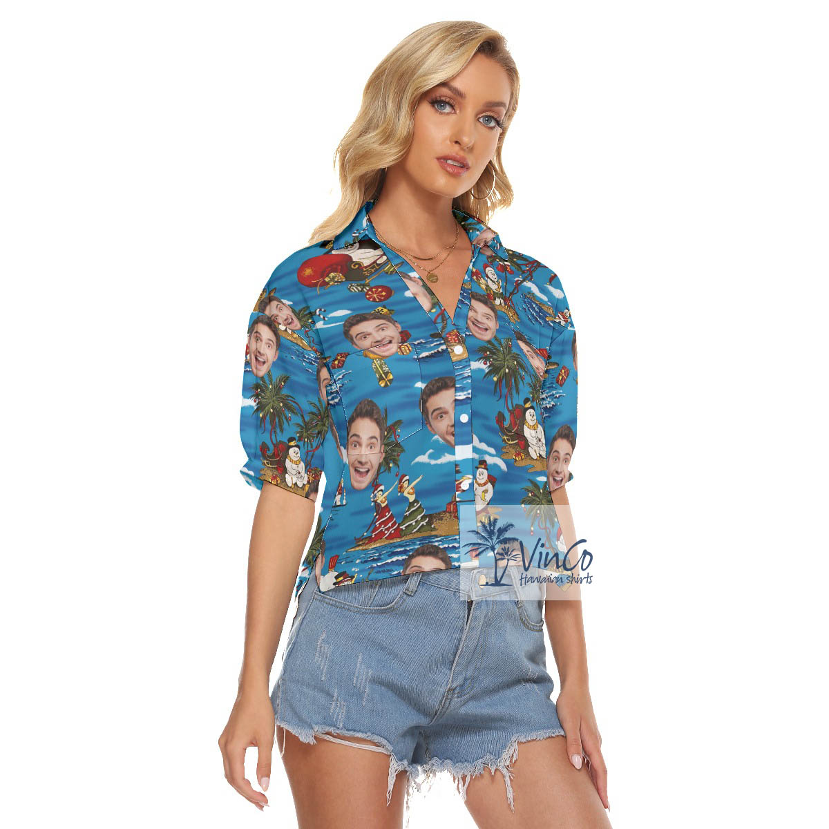 Custom Face Tropical Snowman Christmas Aloha Crop Top Shirt For Women