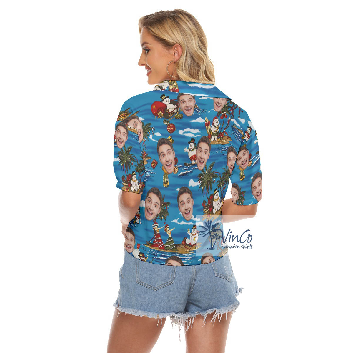 Custom Face Tropical Snowman Christmas Aloha Crop Top Shirt For Women