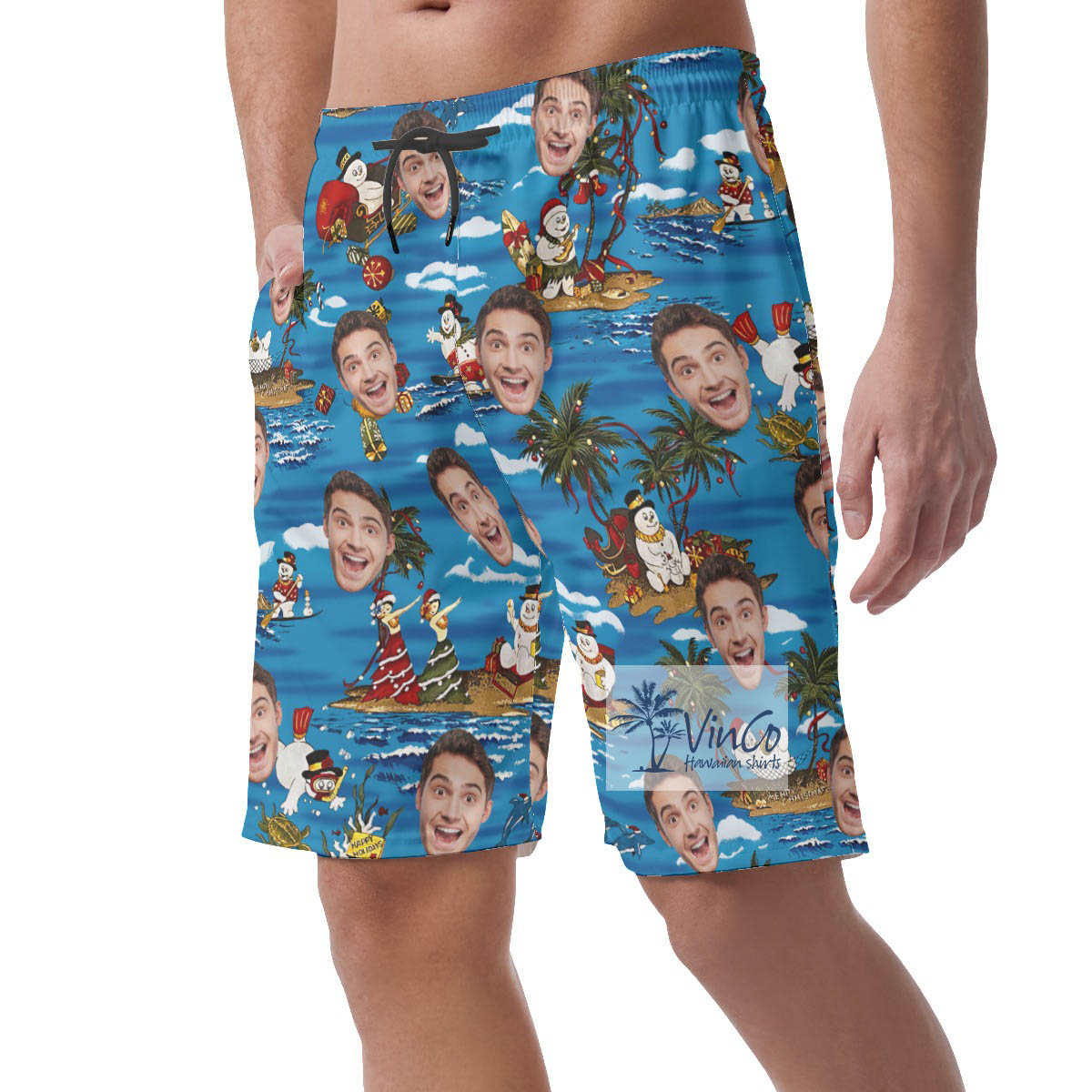 Custom Face Christmas Snowman Hawaiian Beach Shorts For Men