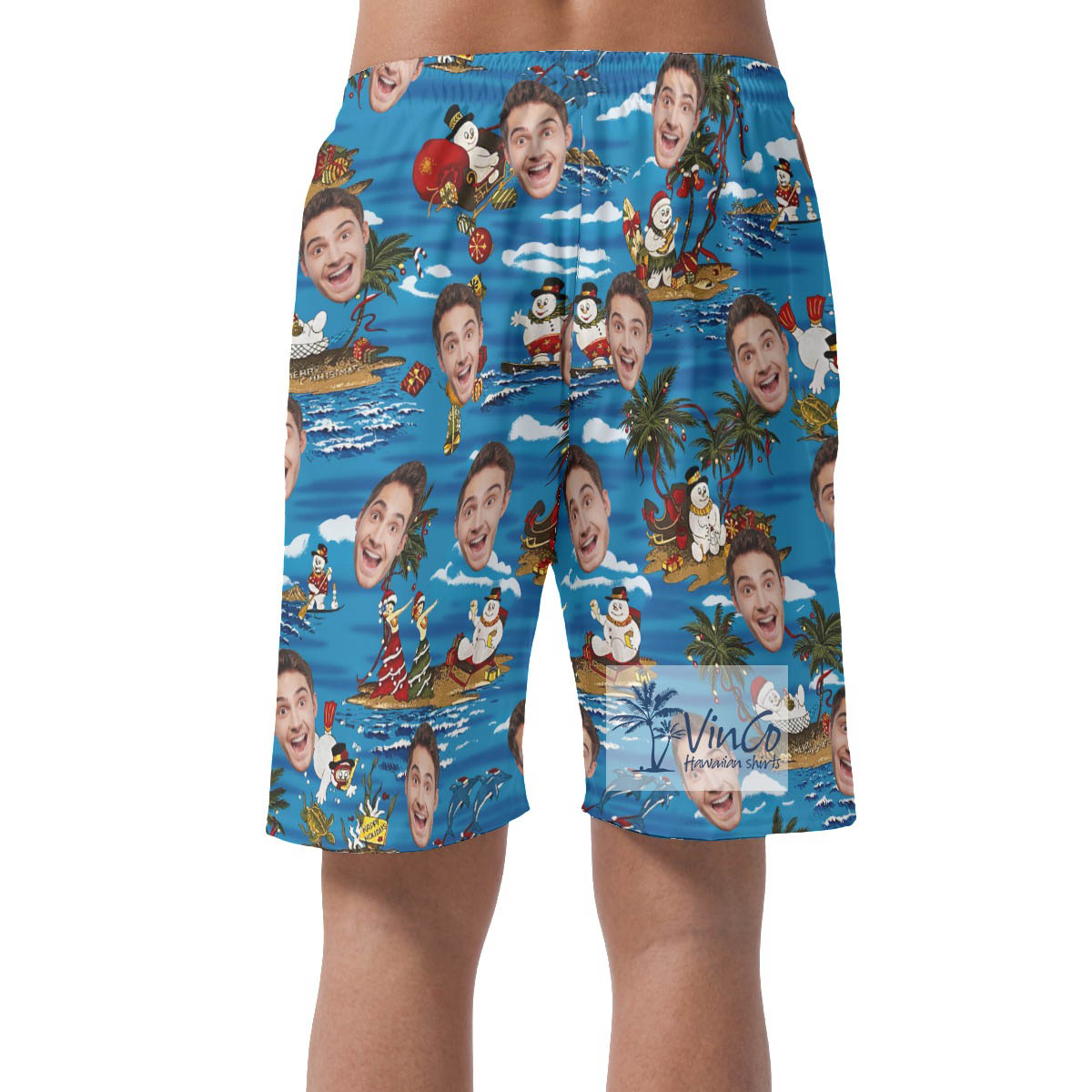 Custom Face Christmas Snowman Hawaiian Beach Shorts For Men