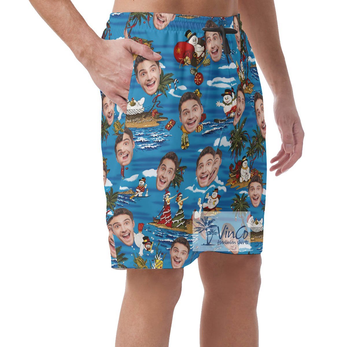 Custom Face Christmas Snowman Hawaiian Beach Shorts For Men