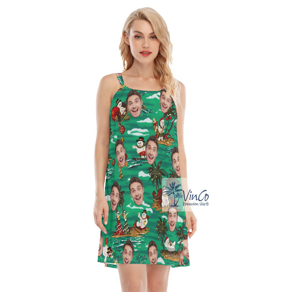 Funny Custom Face Christmas Snowman Tropical Hawaiian Dresses For Women - variant image 1