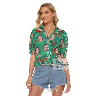 Funny Custom Face Christmas Snowman Tropical Hawaiian Crop Top Shirt For Women