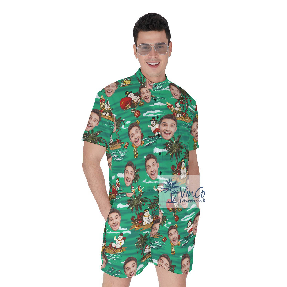 Custom Face Tropical Snowman Christmas Men's Hawaiian Romper - variant image 1