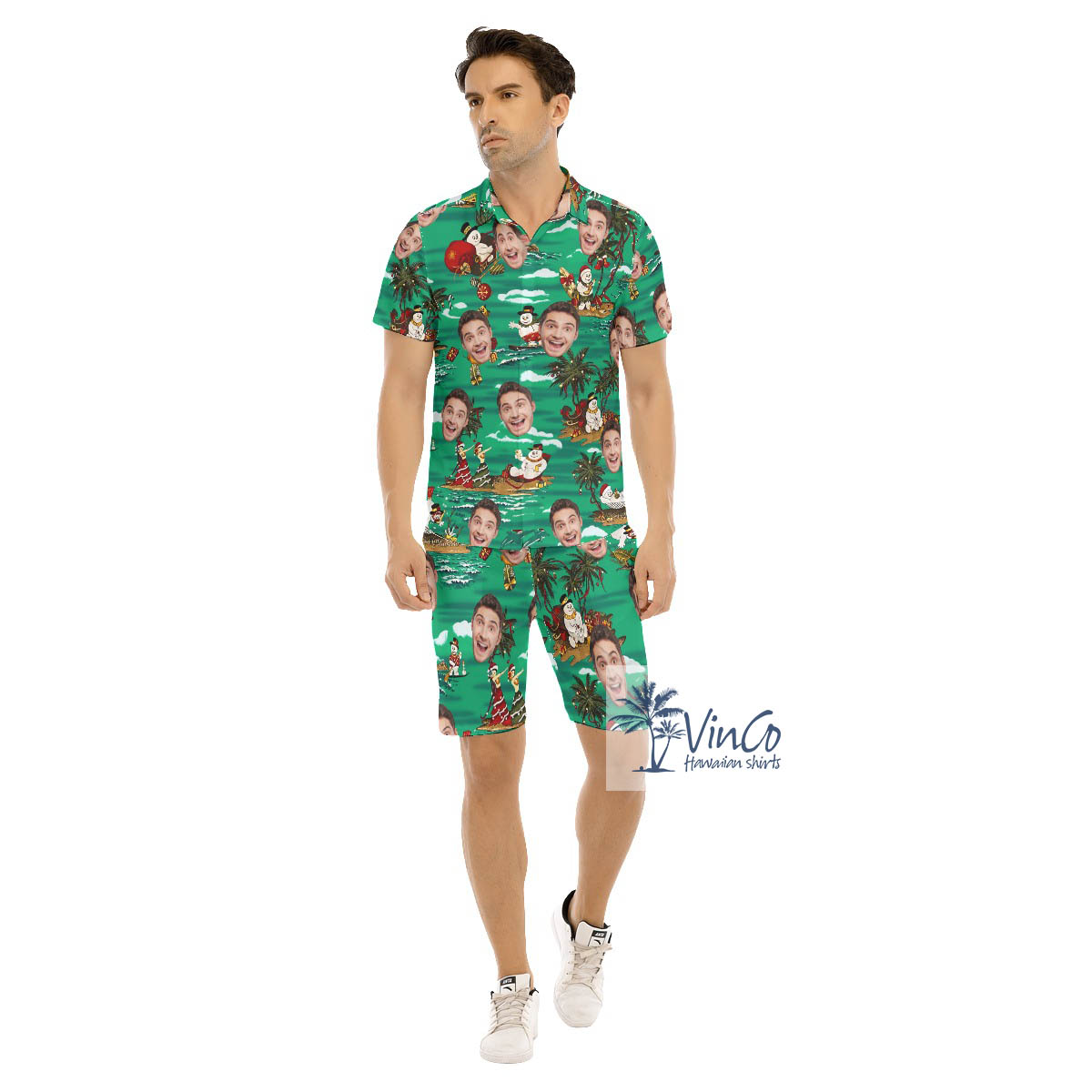 Set Christmas Snowman Tropical Custom Face Hawaiian Shirt And Shorts For Men - variant image 1