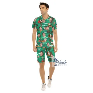 Set Christmas Snowman Tropical Custom Face Hawaiian Shirt And Shorts For Men