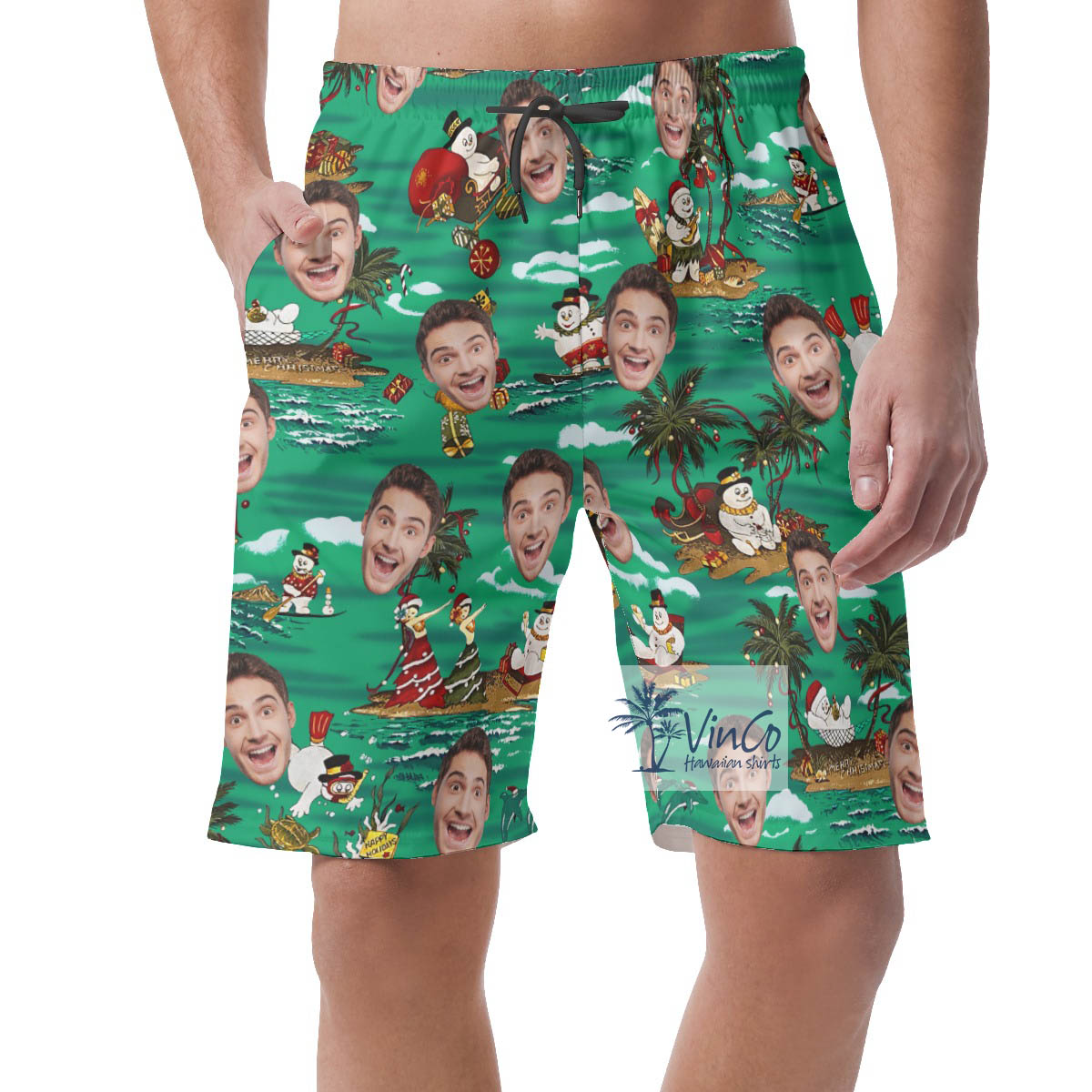 Custom Face Tropical Snowman Christmas Hawaiian Beach Shorts For Men - variant image 1