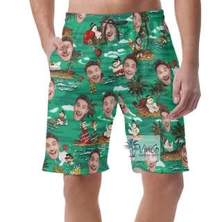 Custom Face Tropical Snowman Christmas Hawaiian Beach Shorts For Men