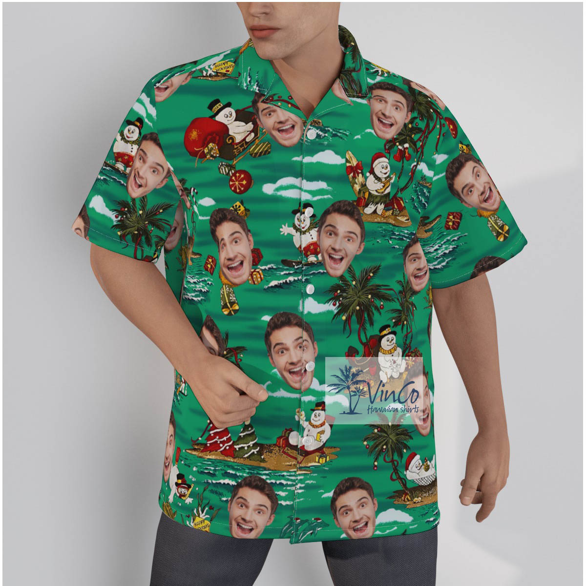 Tropical Christmas Snowman Custom Face Green Hawaiian Shirt - variant image 1