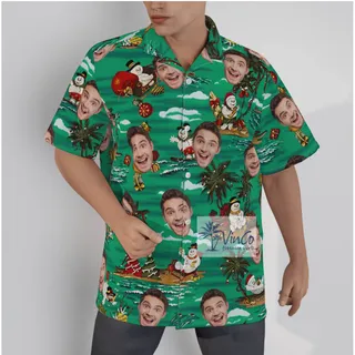 Tropical Christmas Snowman Custom Face Green Hawaiian Shirt