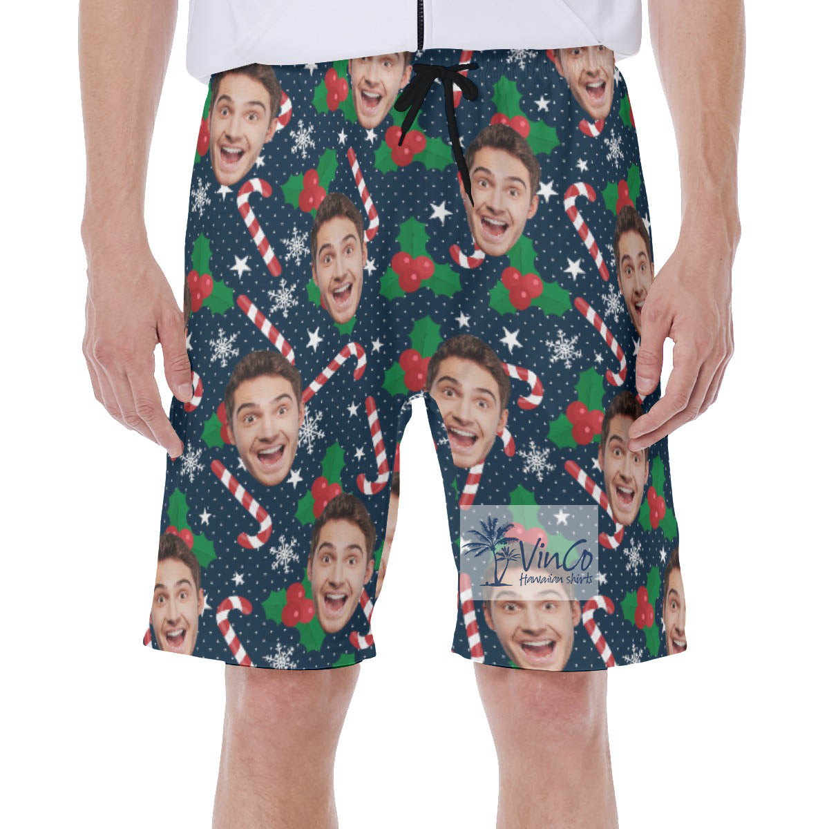 Candy Cane Christmas Hawaiian Swim Trunks With Custom Face - variant image 1