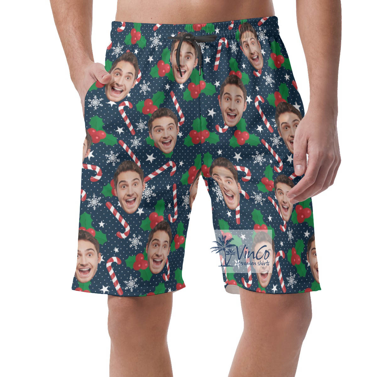 Custom Face Christmas Candy Cane Hawaiian Beach Shorts For Men - variant image 1
