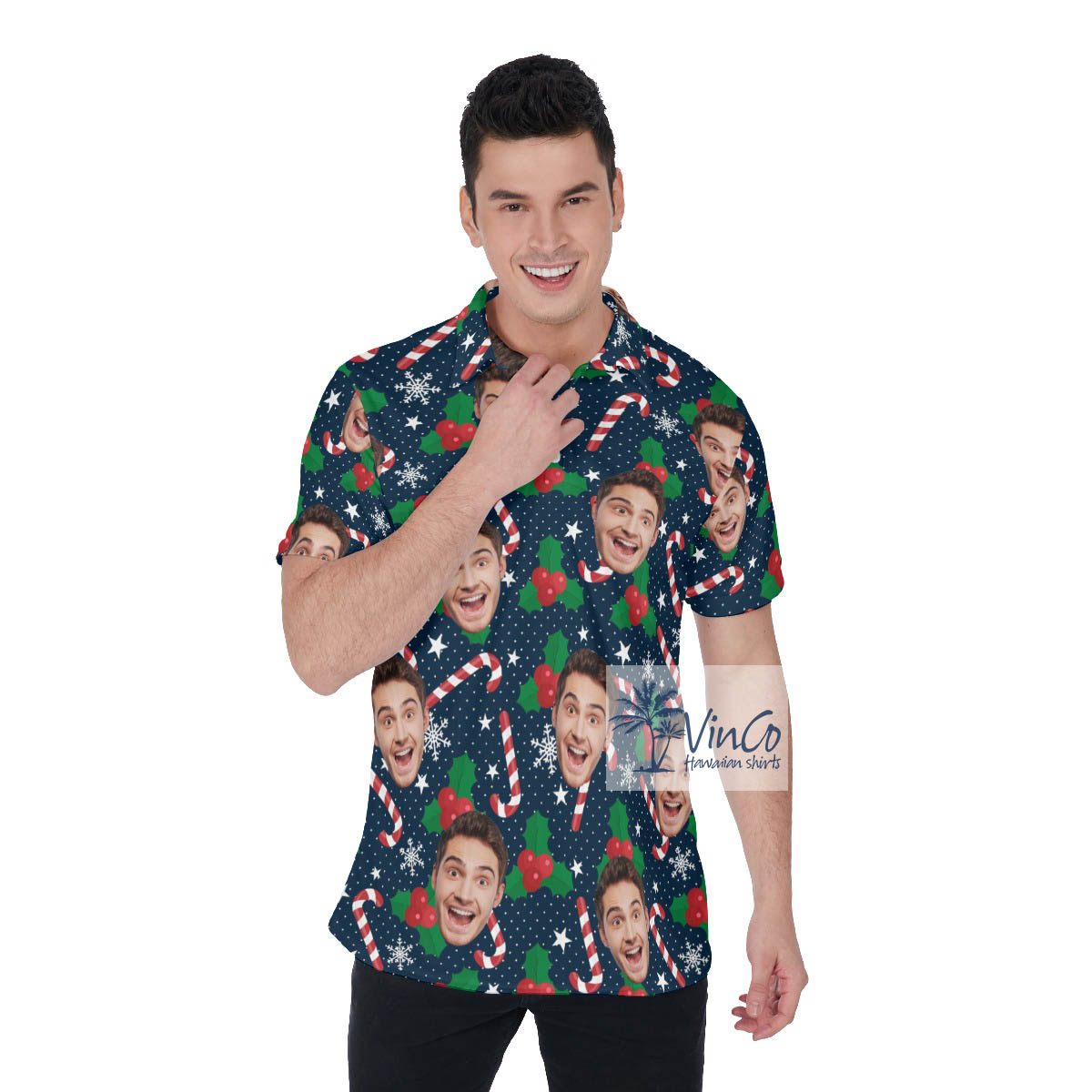Christmas Candy Cane Hawaiian Polo Shirt With Custom Face - variant image 1