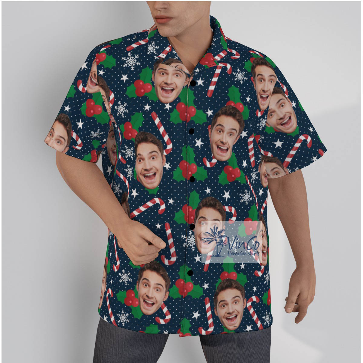 Custom Face Christmas Candy Cane Hawaiian Shirt - variant image 1